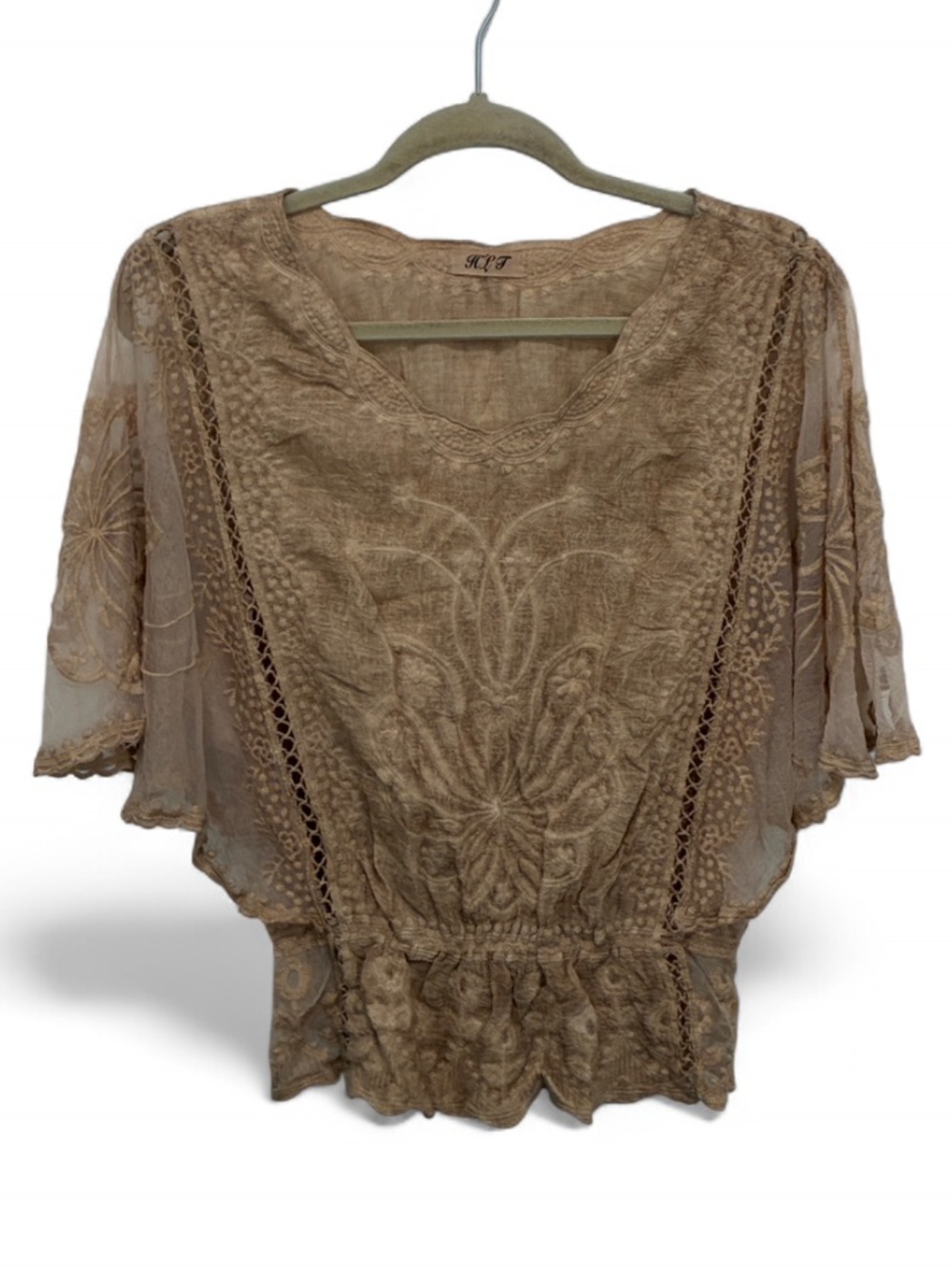 Boho Lace Overlay Whimsy Blouse in Taupe